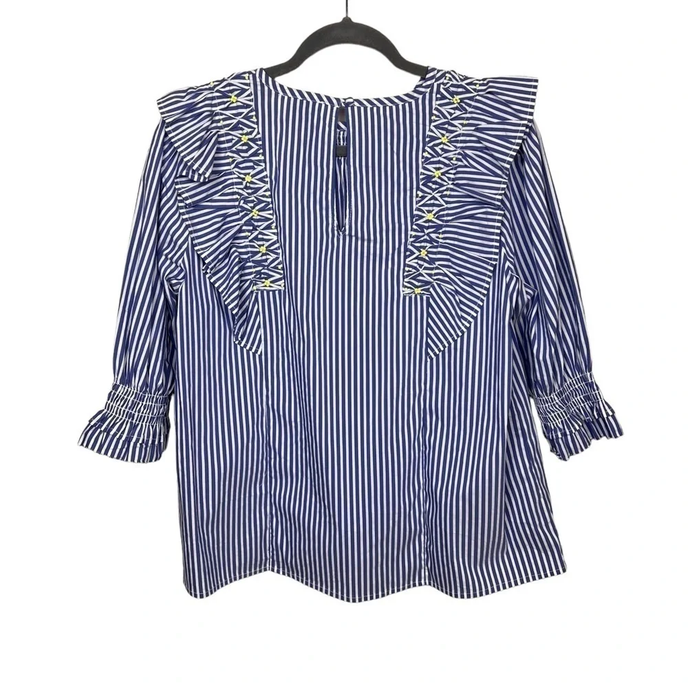 Tanya Taylor Pilar Striped Ruffle-Trim Blouse size 8 Blue White Cotton Blend - Picture 5 of 14